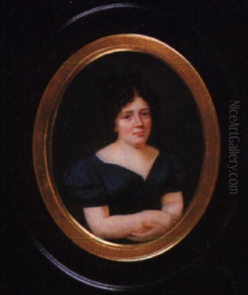 A Lady Wearing White Lace Trimmed, Dark Blue Dress And Black Belt With Gold Buckle, Her Arms Folded - view 1
