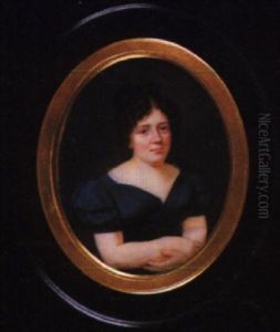 A Lady Wearing White Lace Trimmed, Dark Blue Dress And Black Belt With Gold Buckle, Her Arms Folded