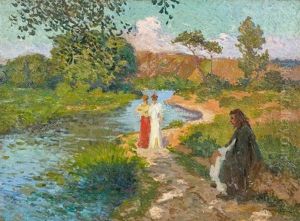 Promenade En Bord De Riviere by Maurice Chabas