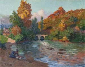 Paysage A La Riviere Anime D'une Lavandiere by Maurice Chabas