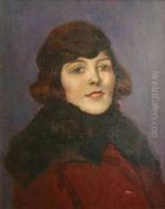 Portrait Of A Young Lady In A Red Coat With Fur Collar by John Henry Amschewitz