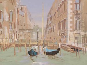 Moored Gondolas In Venice by William King Amsden