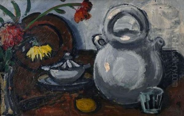 Cruche Blanche, Fleurs Et Compotier De Verre - view 1
