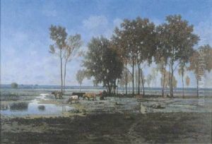 Cows And A Shepherdess Near A Stream In A Landcscape by Leonce Chabry