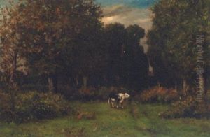 A Cow On A Path In A Wooded Landscape by Leonce Chabry