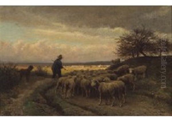 La Rentree Du Pere Chicoree Et Son Troupeau, Au Loin Le Village De Barbizon - view 1