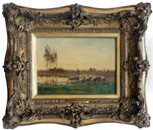 Berger Et Moutons S'abreuvant by Jean-Ferdinand Chaigneau