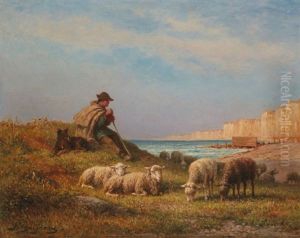 Berger Et Ses Moutons En Bord De Mer A Saint Valery-en-caux by Jean-Ferdinand Chaigneau