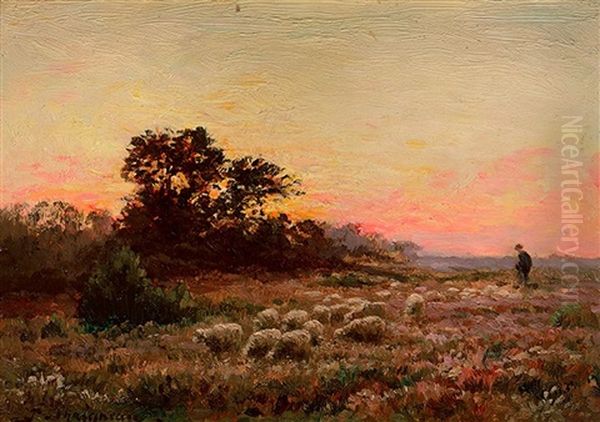 Berger Et Son Troupeau Au Crepuscule - view 1
