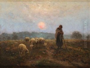Bergere Et Son Troupeau A L'angelus by Jean-Ferdinand Chaigneau