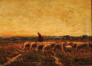 Berger Et Ses Moutons Dans La Plaine De Chany by Jean-Ferdinand Chaigneau