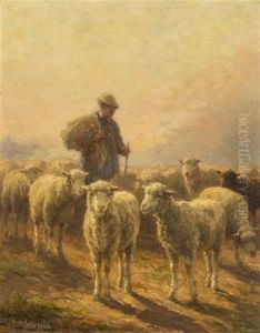 Shepherd And Sheep At Twilight by Jean-Ferdinand Chaigneau