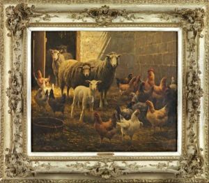 Moutons Et Poules Dans Une Bergerie by Jean-Ferdinand Chaigneau