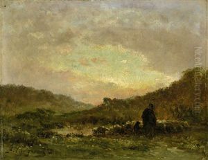 Schafhirte Mit Seiner Herde Im Abendlicht Schafhirte Mit Seiner Herde Im Abendlicht
