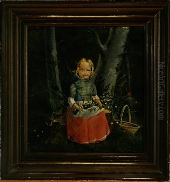 A Little Girl Sitting On A Stump With Flowers In Arpon - view 1