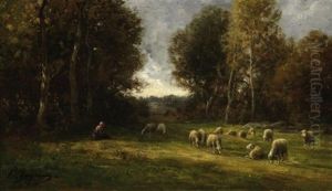 Hirtin Mit Ihrer Schafherde Auf Einer Waldlichtung by Jean-Ferdinand Chaigneau