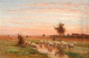 Teichlandschaft Im Abendrot, Im Vordergrund Ein Schafhirte Mit Seiner Herde Teichlandschaft Im Abendrot, Im Vordergrund Ein Schafhirte Mit Seiner Herde