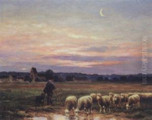 Troupeau De Moutons A L'abreuvoir by Jean-Ferdinand Chaigneau