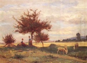 Paysage Aux Deux Bergeres Et Trois Moutons Paysage Aux Deux Bergeres Et Trois Moutons