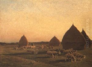 Sheep Grazing Near Haystacks by Jean-Ferdinand Chaigneau