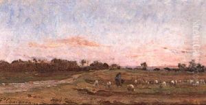 Berger Et Son Troupeau Au Soleil Couchant by Jean-Ferdinand Chaigneau