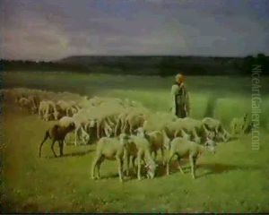 Bergere Et Les Moutons Dans La Plaine by Jean-Ferdinand Chaigneau