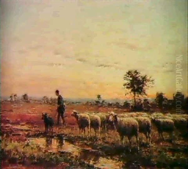 A Shepherd With His Flock At Sunset. - view 1