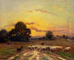 Abendliche Landschaft Mit Heimkehrender Schafherde Am Dorfrand