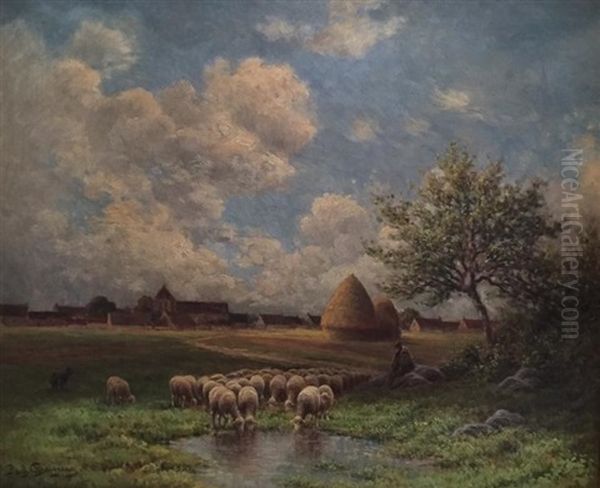 Moutons Pres De L'etang Et Meules De Foin - view 1