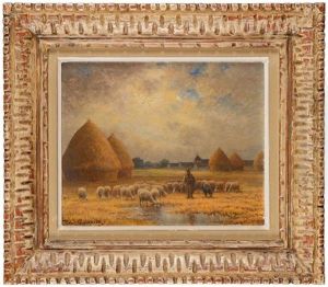 Moutons Pres De L'etang Et Meules De Foin by Paul Chaigneau