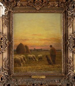 Berger Et Son Troupeau Au Crepuscule by Paul Chaigneau