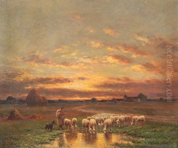 Soleil Couchant, Berger Et Son Troupeau A La Mare - view 1