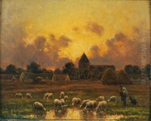 Troupeau De Moutons S'abreuvant Au Coucher Du Soleil Troupeau De Moutons S'abreuvant Au Coucher Du Soleil