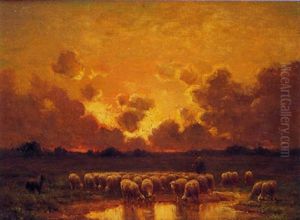 Le Berger Et Son Troupeau Au Coucher Du Soleil by Paul Chaigneau