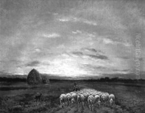 Le Troupeau Au Coucher Du Soleil by Paul Chaigneau