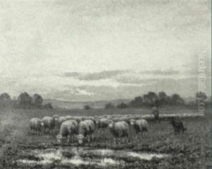 Shepherd With Flock At Twilight by Paul Chaigneau