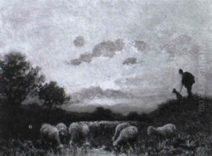 Schafer Mit Hund Und Herde Bei Sonnenuntergangsstimmung by Paul Chaigneau