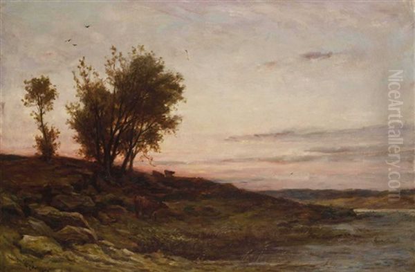 Landschaft Mit Kuhen Im Abendrot - view 1