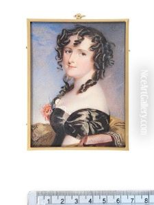 A Lady, Seated To The Left And Looking Over Her Shoulder, Wearing Black Dress With White Lace Slip, A Red Flower At Her Corsage, Her Dark Hair Curled In Tight Ringlets by Alfred Edward Chalon
