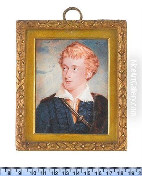 Charles Edward Long, Wearing Blue Coat With Embroidered Button Holes, Yellow Waistcoat, White Lace Trimmed Collar And Fur Cloak, A Gold Braided Strap - view 1