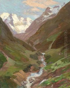 Gebirgsbach Und Verschneites Massiv by Jean Anacker