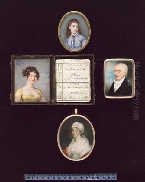 A Lady Of The Somersall Family, Wearing Low Cut Yellow Dress With White Seams And A Pearl-trimmed Ruby Brooch At Her Corsage, Her Dark Curled Hair Upswept - view 1