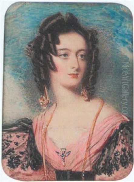A Lady Wearing Decollete Pink Dress With White Lace Fill-in, Gold Necklace, Pendant Earrings And Jewelled Brooch In The Form Of A Flying Bird, Her Hair In Ringlets by Alfred Edward Chalon
