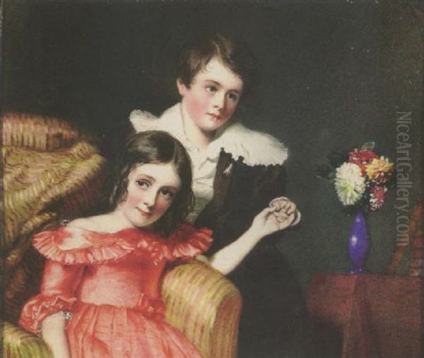 Portrait Of A Young Brother And Sister. She Wears Salmon-pink Dress With Frilled Collar And Holds Her Brother's Hand, He Wears Brown Suit And White Chemise... - view 1