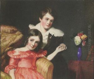 Portrait Of A Young Brother And Sister. She Wears Salmon-pink Dress With Frilled Collar And Holds Her Brother's Hand, He Wears Brown Suit And White Chemise... by Alfred Edward Chalon