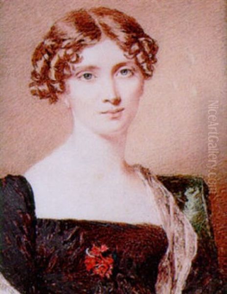 A Lady With Curled Auburn Hair Seated In A Green Upholstered Chair - view 1