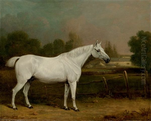 A Grey Hunter In A Landscape And A Farmhouse Beyond - view 1