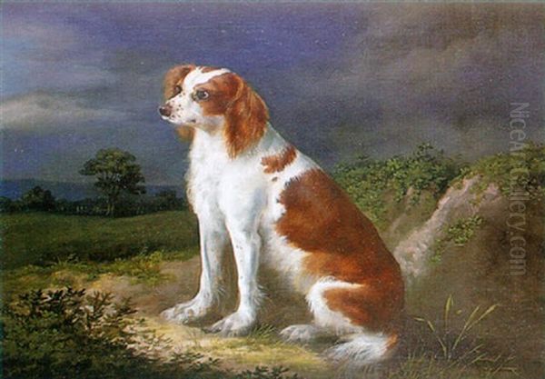 A Blenheim King Charles Spaniel In A Landscape by Henry Bernard Chalon