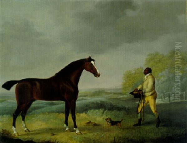 A Bay Hunter With A Groom In A Landscape - view 1