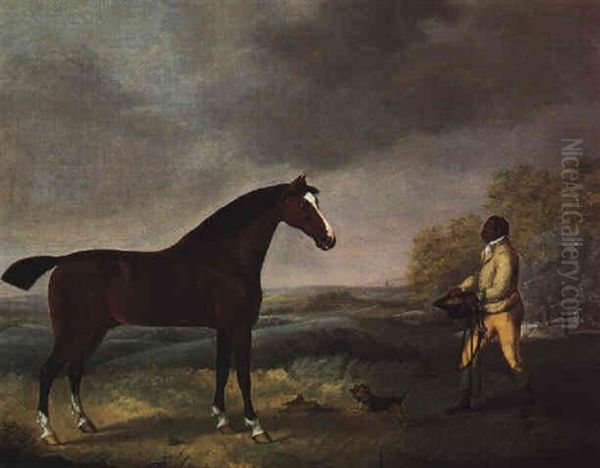 A Bay Hunter With Groom In A Landscape - view 1